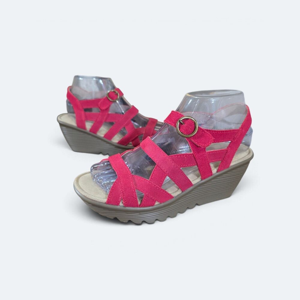 Skechers Cali Parallel Red Suede Criss Cross Wedge Sandals Women's Size 6.5